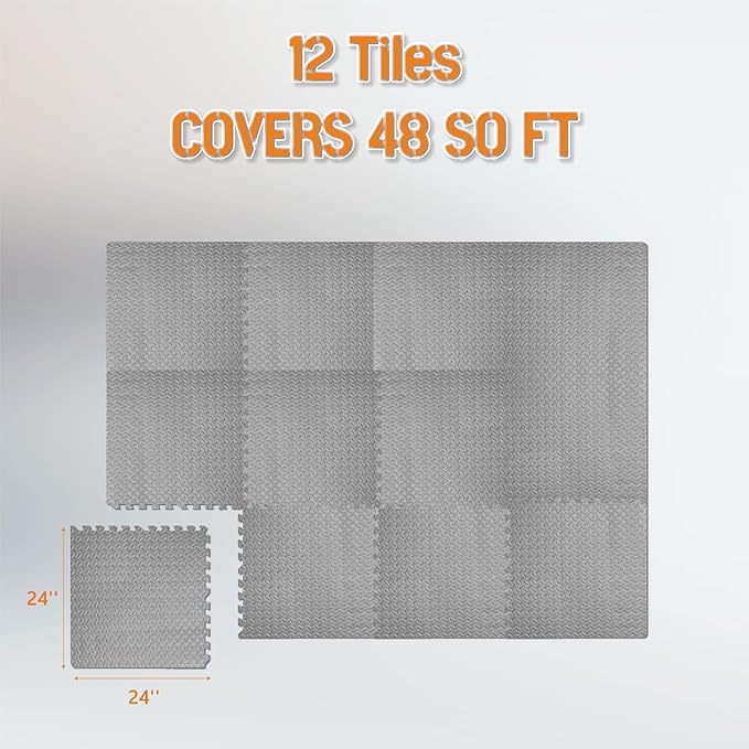GWT Puzzle Exercise Mat, EVA Foam Interlocking Floor Tiles for Home Gym, Workout Equipment, Treadmill, Protective Flooring, Fit Tile 48 SQ FT (12 Pcs)