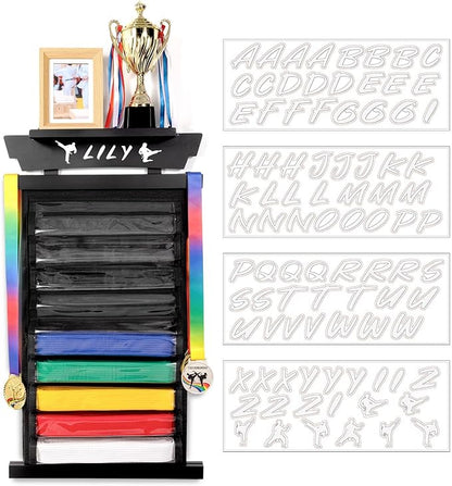 Tilhumt 12/10 Belts Karate Belt Display Rack with Stickers, Taekwondo Belt Display with Trophy/Photo Rack, Felt Dustproof Design, Easy to Put in Belt, Martial Arts Belt Display for Adults