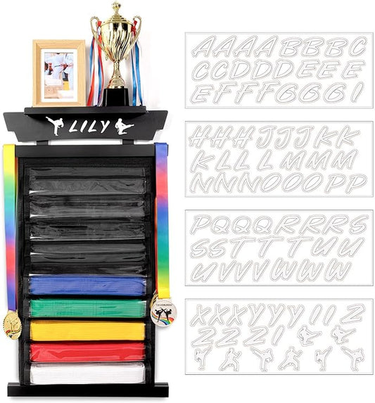 Tilhumt 12/10 Belts Karate Belt Display Rack with Stickers, Taekwondo Belt Display with Trophy/Photo Rack, Felt Dustproof Design, Easy to Put in Belt, Martial Arts Belt Display for Adults