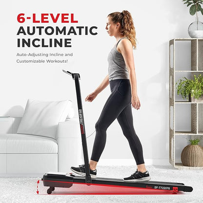 Sunny Health & Fitness Sleek Compact Smart Treadpad Treadmill with 6-Level Auto Incline, Remote Control, Shock Absorption, Optional Dual Mode Walking/Running & Free SunnyFit App Bluetooth Connectivity