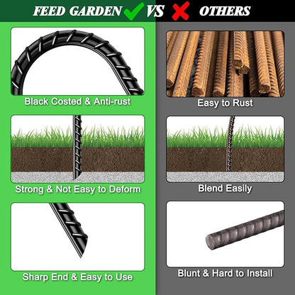 FEED GARDEN 12 Inch 8 Pack Rebar Stakes Heavy Duty J Hook, Galvanized Ground Stakes Tent Stakes Steel Ground Anchors, Chain Link Fence Stakes, Trampoline Stakes, Black