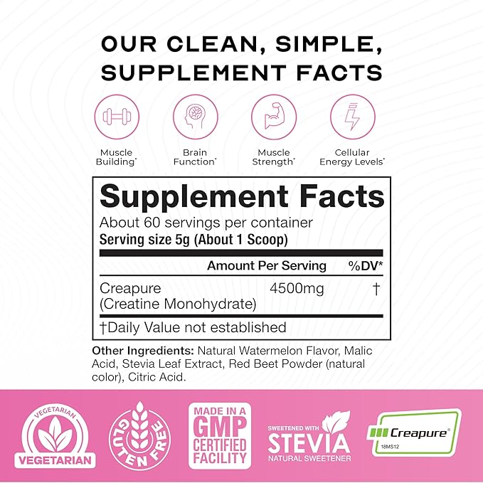 Muscle Feast Creapure Creatine Monohydrate Powder, Vegan Keto Friendly Gluten-Free Easy to Mix, Muscle Recovery Supplement, Creatine for Muscle Growth, Flavored Creatine, Natural Watermelon, 300g