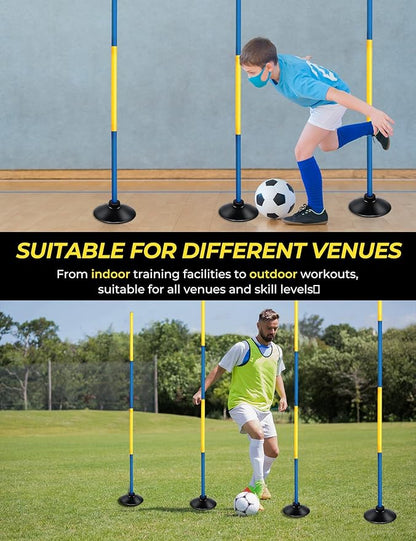 SEAOTTER Soccer Agility Poles with Rubber Base, 10 Pcs Detachable Sports Speed Agility Training Equipment, Agility Sticks for Football, Rugby, Basketball, Slalom, Indoor & Outdoor