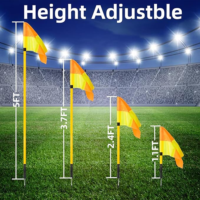 Soccer Corner Flags Set of 4 for Soccer Field, Adjustable Spring Loaded Soccer Flags Agility Training Poles Soccer Sticks, Speed and Agility Training Equipment with Storage Bag-5FT