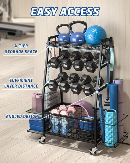 Weight Rack for Dumbbells - Home Gym Storage Rack - Dumbbell and Weight Organizer with 4 Flexible Wheels and Unique Storage on Both Sides