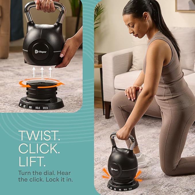 Lifepro Adjustable Kettlebell - 7in1 Kettlebells Weight with Quick-Select Dial & Safety Lock – Choose 22.5 lb or 44 lb – Compact Space Saving for Strength Training & Full Body Workouts