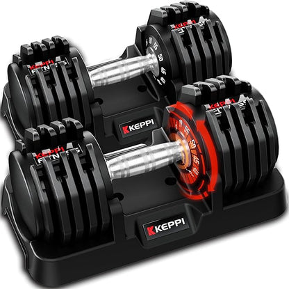Keppi Adjustable Dumbbells Set-25lb/40lb/55lb/60lb, Anti-Slip Metal Fast Adjust Weight Handle, Exercise & Fitness for Full Body Workout - Adjustable Dumbbell Series