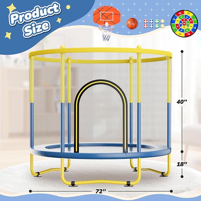 6FT Indoor Trampoline for Kids Ages 1-8, 72" Mini Toddler Indoor & Outdoor Trampoline with Safety Enclosure Net, Basketball Hoop & Dart Board, Birthday Gifts for Boys & Girls, Baby Toddler