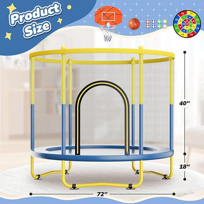 6FT Indoor Trampoline for Kids Ages 1-8, 72" Mini Toddler Indoor & Outdoor Trampoline with Safety Enclosure Net, Basketball Hoop & Dart Board, Birthday Gifts for Boys & Girls, Baby Toddler