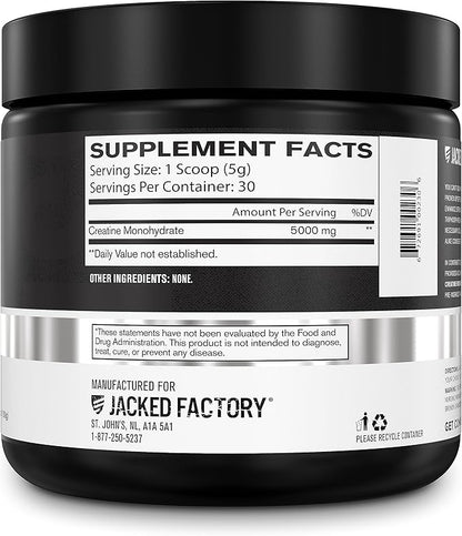 Jacked Factory Creatine Monohydrate Powder 150g - 5g Daily Creatine Supplement for Men and Women, Vegan-Friendly, Third-Party Tested - 30 Servings, Unflavored