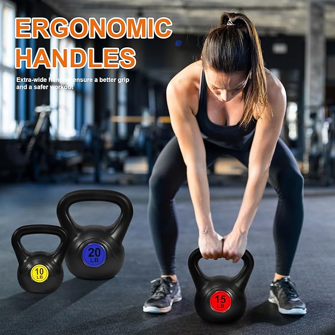 Fitvids Wide Grip 3-Piece or 4-Piece Kettlebell Exercise Fitness Weight Set, Include 5 lbs, 10 lbs, 15 lbs and 20 lbs, Set of 3 or Set of 4