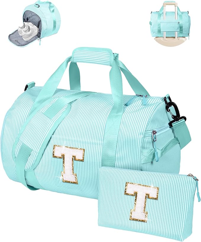 Cute Gifts for Teens Girls, Girl Gym Bag, Kids Initial Overnight Duffel Bags with Shoe Compartment, Personalized Travel Bag with Makeup Pouch, Gift for 3 4 5 6 7 Year Old Kid (Letter T)