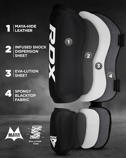 RDX Shin Guards Kickboxing Muay Thai, SATRA SMMAF Approved, Premium Maya Hide Leather, Leg Instep Protection Pads, MMA Martial Arts Kicking Sparring Training Gear, BJJ Karate Boxing Taekwondo, Black
