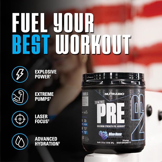NutraBio STIM-Free PRE Workout for Men, New Formula | Laser Focus, Extreme Pumps | Performance, Endurance | 10g Citrulline, Beta Alanine, Nitrates, Nootropics, Electrolytes - 20 Servings Blue Razz