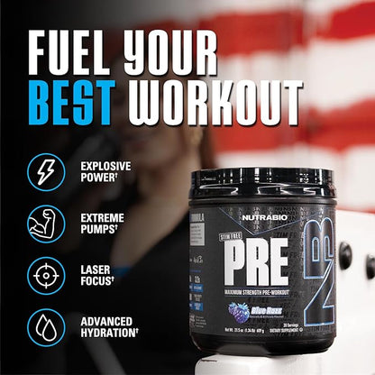 NutraBio STIM-Free PRE Workout for Men, New Formula | Laser Focus, Extreme Pumps | Performance, Endurance | 10g Citrulline, Beta Alanine, Nitrates, Nootropics, Electrolytes - 20 Servings Blue Razz