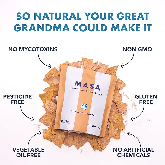 MASA Tortilla Chips Snack Pack - Seed Oil Free Snacks, Organic Chips Tortilla - Gluten & Dairy Free, Naturally Grown Corn Chip - Made with Grass Fed Tallow & Sea Salt (2 Pack, 5oz Each - Churro)
