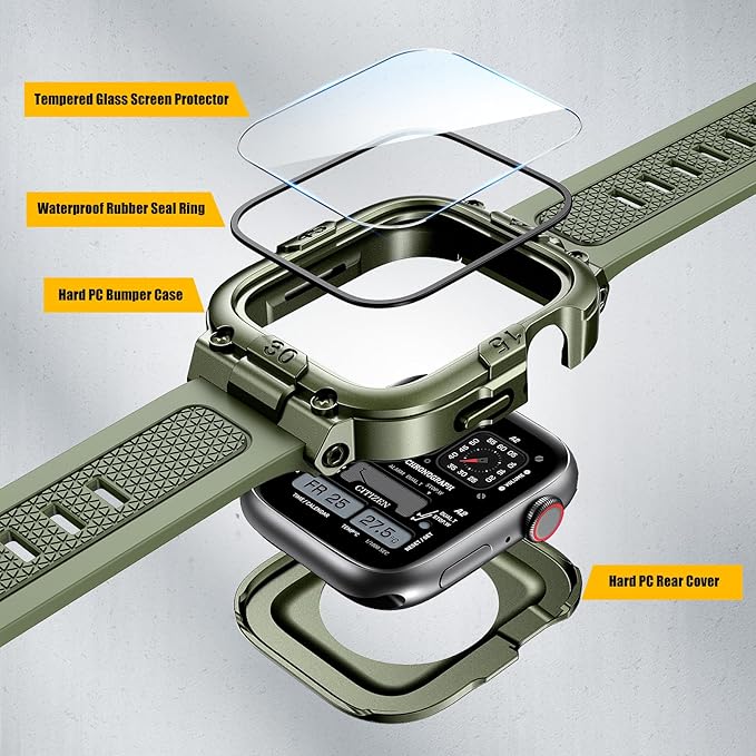 Dsytom Waterproof Case with Band Compatible for Apple Watch Band 46mm 45mm 44mm 42mm(S11/10) 41mm 40mm for Men,Rugged Smartwatch Strap with Built-in Tempered Glass Screen Protector for iWatch Series 11/10/9/8/7/6/5/4/SE