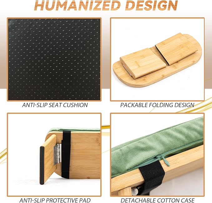 Meditation Bench, Bamboo Meditation Stool, Folding Kneeling Meditation Bench, Seiza Prayer Bench, Prayer Bench with Meditation Cushion, Kneeling Stool (Green & Bag)