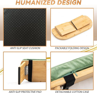 Meditation Bench, Bamboo Meditation Stool, Folding Kneeling Meditation Bench, Seiza Prayer Bench, Prayer Bench with Meditation Cushion, Kneeling Stool (Green & Bag)
