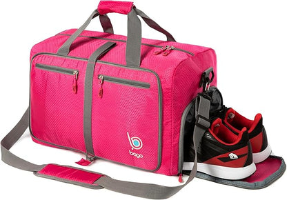 Bago Foldable Duffel Bags for Traveling Women & Men - 40L Sports Packable Duffle Bag for Travel with Shoe Compartment - Water Repellant, Heavy Duty, Lightweight Folding & Collapsible (Pink)