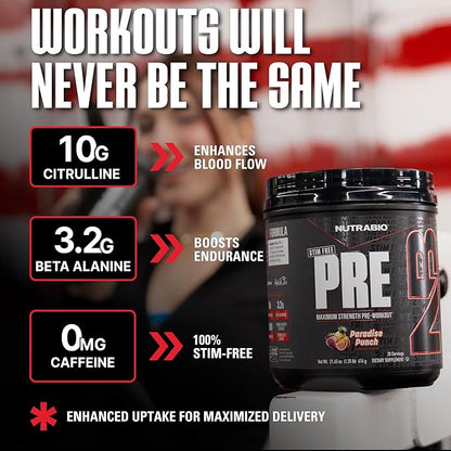 NutraBio STIM-Free PRE Workout for Men, New Formula | Laser Focus, Extreme Pumps | Performance, Endurance | 10g Citrulline, Beta Alanine, Nitrates, Nootropics, Electrolytes-20 Servings Paradise Punch
