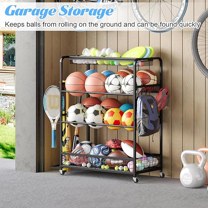 Garage Sports Equipment Storage Rack,Wheeled Sports Ball Storage Box,Double-Tier Double-Row Basketball Hoop Holds 16+ Balls,Ball Rack with Baseball Bat Holder and Hooks-Black