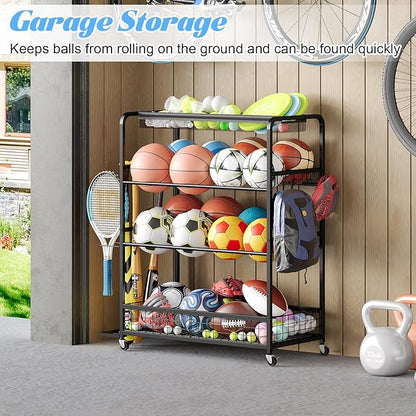 Garage Sports Equipment Storage Rack,Wheeled Sports Ball Storage Box,Double-Tier Double-Row Basketball Hoop Holds 16+ Balls,Ball Rack with Baseball Bat Holder and Hooks-Black