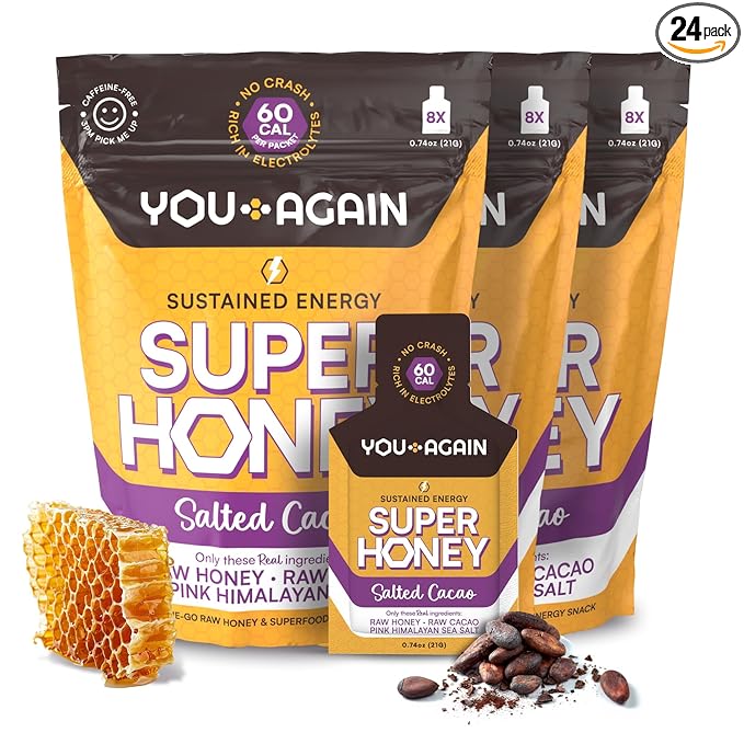 You Again Super Honey Clean Energy Gel, Himalayan Salted Cacao | Electrolyte Replenishment Running Fuel | Endurance Workouts & Cycling Gel | Paleo & Carnivore Snack | Gluten-Free | USA Made | 24-Pack