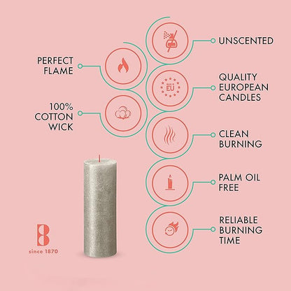 BOLSIUS Silver Shimmer Metallic Pillar Candles 4 Pack - 2.75 X 7.5 Inches - Premium European Quality - Includes Natural Plant-Based Wax - Unscented Dripless Smokeless 85 Hour Party Décor Candles