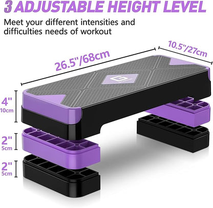 Aerobic Exercise Step, Adjustable Aerobic Stepper for Exercise, Workout Step Platform for Step Up, 26.5" Step Deck with 4??6??8??Adjustable Height Risers, Women Home Gym Cardio Fitness