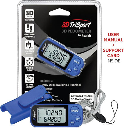 3DTriSport Walking 3D Pedometer with Clip & Strap, eBook Included | 30 Days Memory, Accurate Step Counter, Walking Distance Miles/Km, Calorie Counter, Daily Exercise Time Monitor