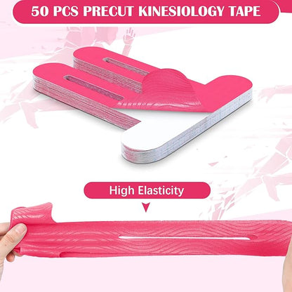 50 Pcs Precut Kinesiology Tape for Knees Pain Relief Elastic Waterproof Athletic Knee Tape for Support Stability Sports(Rose Red)