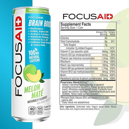 LIFEAID Energy Blend Nootropics Drink for Brain Fuel AlphaGPC GABA BComplex Yerba Mate Green Tea 100 Clean100mg Natural Caffeine 12oz. cans Pack , FOCUSAID, 12 Fl Oz (Pack of 4)