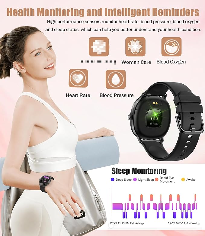 Women's 2pc Band Sports Watch/Smart Watch 1.72" Fitness Tracker with Heart Rate Monitor, 100+ Sports Modes, Sleep Tracking, 7-Day Battery, IP68 Waterproof (Black)