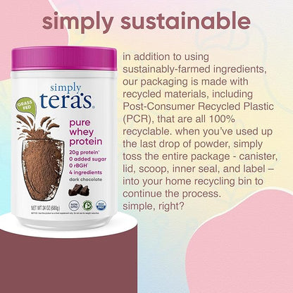simply tera's Pure Whey Protein Powder - Dark Chocolate Clean Protein Powder, Grass Fed Whey Protein Powder Without Artificial Sweeteners, Clean Label, Non-GMO, Kosher, rBGH-Free - 24 Oz