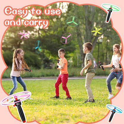 24 Pcs Flying Saucer Flying Disc Toy Helicopter Toy Disco Flyers Include 8 String Launchers and 16 Flying Saucer Flying Disc Launcher Flying Toys Little Teens Outdoor Activity Birthday Favors