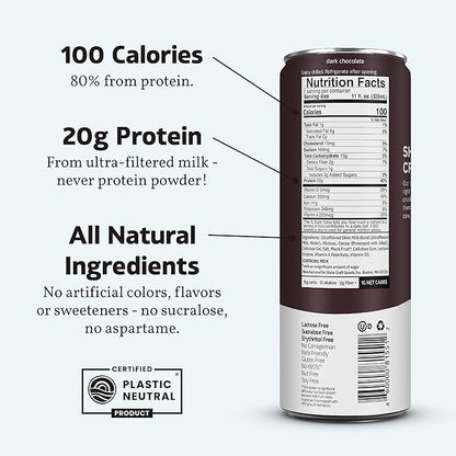 Slate Milk - High Protein Milk Shake - Dark Chocolate - Lactose Free, 20g Protein, 1g Sugar, 100 Calories, 1g Net Carbs, No Added Sugar - Natural, Breakfast Boost, Post Workout - 11 fl oz, 12 Cans
