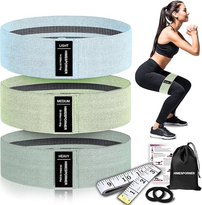 Wide Fabric Resistance Bands for Working Out, 3 Level Non-Slip Exercise Booty Bands for Women & Men Leg and Glutes with Hair Ties and Tape Measure - for Home Gym Workout, Yoga, Pilates