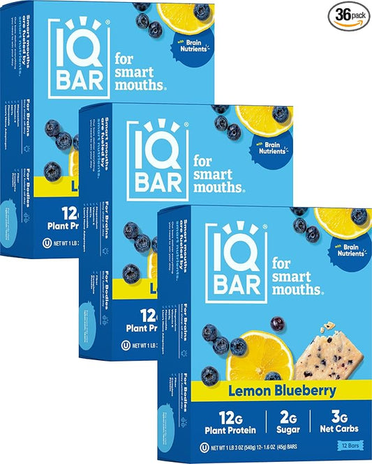 IQBAR Brain and Body Plant Protein Bars - Lemon Blueberry - 36-Count Low Carb - Gluten Free, High