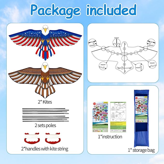 2 Pack Patriotic Eagle & Dragon Kite for Kids and Adults, Easy to Fly Huge Kites for Kids Ages 4-8 8-12 with 328FT String for Beach Trip Park Birthday Gift Family Outdoor Games and Activities