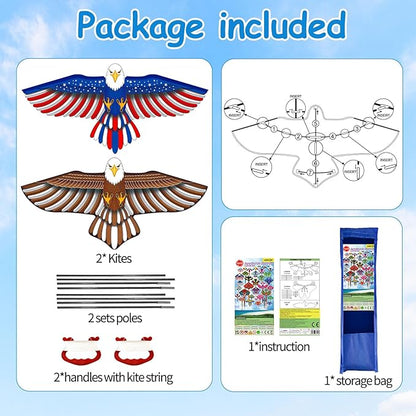 2 Pack Patriotic Eagle & Dragon Kite for Kids and Adults, Easy to Fly Huge Kites for Kids Ages 4-8 8-12 with 328FT String for Beach Trip Park Birthday Gift Family Outdoor Games and Activities