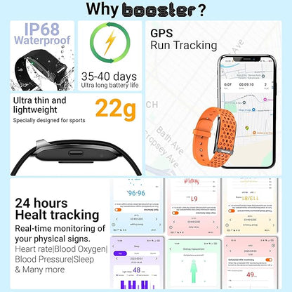 Booster Smart Bracelet, Wearable Activity & Fitness Tracker Band, 24H Sleep Tracker, All-Day Continuous Heart Rate Blood Pressure Stress HRV Monitor, 120+ Sport Modes Smart Wristband, Silicone Black