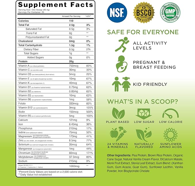 TRU Supplements Plant Based Protein Powder, BCAA, EAA, 20g Vegan Brown Rice & Pea Protein, 100 Calories, 27 Vitamins, No Artificial Flavors 25 Servings (Vanilla)