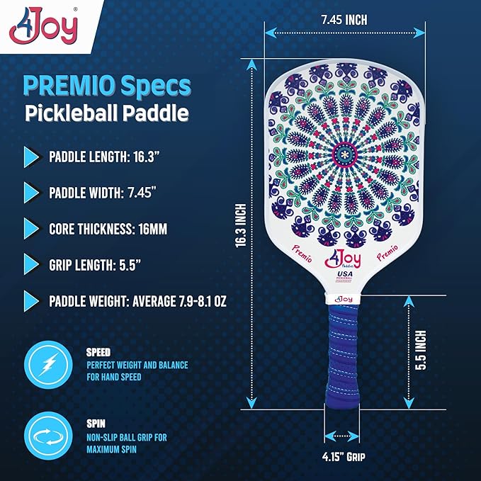4Joy Pickleball Paddle Premio Series - Thermoformed Premium T700 Carbon Fiber Pickleball Paddless - Professional Pickleball Rackets for Women & Men - 16mm Honeycomb Core - USAP Approved
