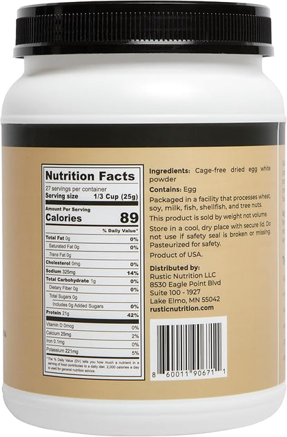 Cage-Free Egg White Protein Powder, USA-Sourced, 21g Protein, 0g Fat, 0g Sugar, 0g Cholesterol (Unflavored, 24 Oz)