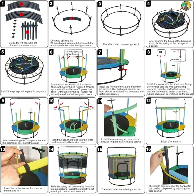 Trampoline for Kids, Full Anti-Rust 440lbs Anti-Rollover Round Bottom Toddler Trampoline, T-handrail Adjustable Baby Toddler Trampolines Dart Board