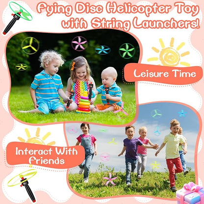 36 Pcs Flying Saucer Flying Disc Toy Helicopter Toy Disco Flyers Include 12 String Launchers and 24 Flying Saucer Flying Disc Launcher Flying Toys Little Teens Outdoor Activity Birthday Favors