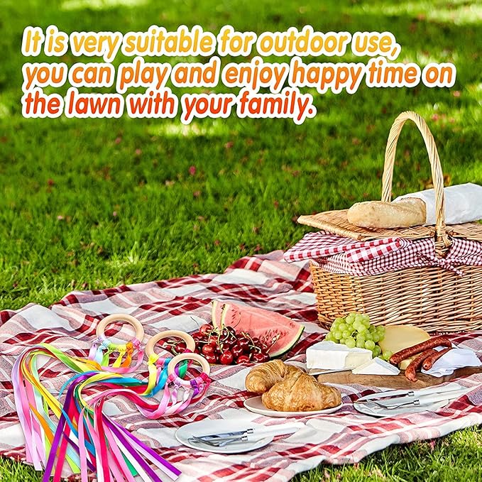 12 Pcs Rainbow Ribbon Wooden Waldorf Toys Creative Waldorf Hand Kite Set Streamers with Wood Ring Sensory Learning Educational Toy for Playroom Dancing Birthday (Bright Color)