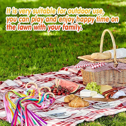 12 Pcs Rainbow Ribbon Wooden Waldorf Toys Creative Waldorf Hand Kite Set Streamers with Wood Ring Sensory Learning Educational Toy for Playroom Dancing Birthday (Bright Color)