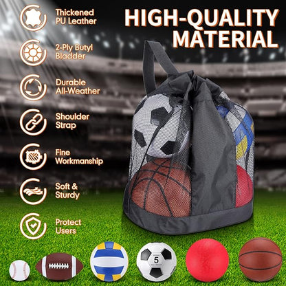 Leyndo 18 Pcs Sport Balls Bulk Set Basketball Football Volleyball Soccer Playground Baseball with Sport Equipment Bag Pump for Outdoor Indoor Practice Gift